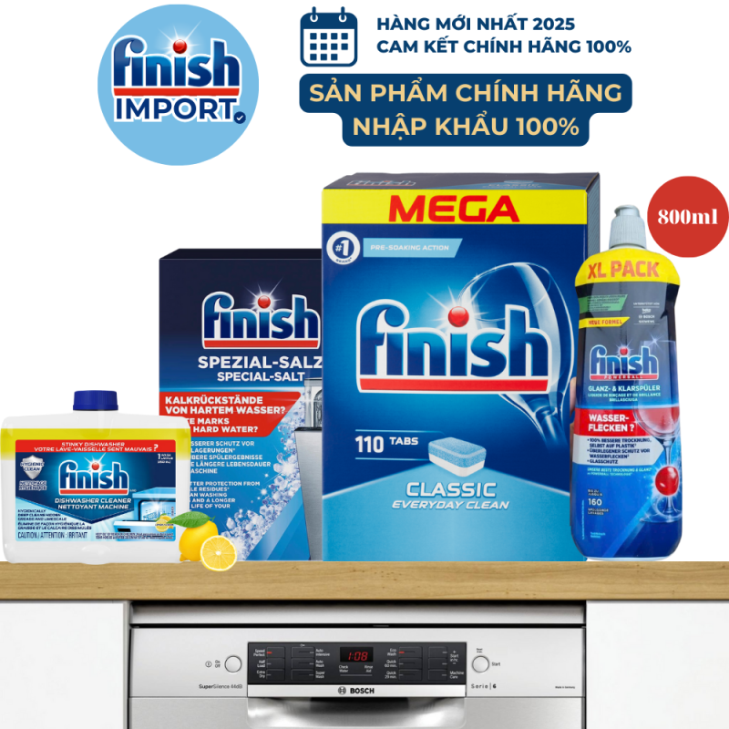 Mega Combo 4 món: 110 viên Finish Classic hương nguyên bản + 1,2kg muối Finish + 800ml nước làm bóng + 250ml vệ sinh máy Finish